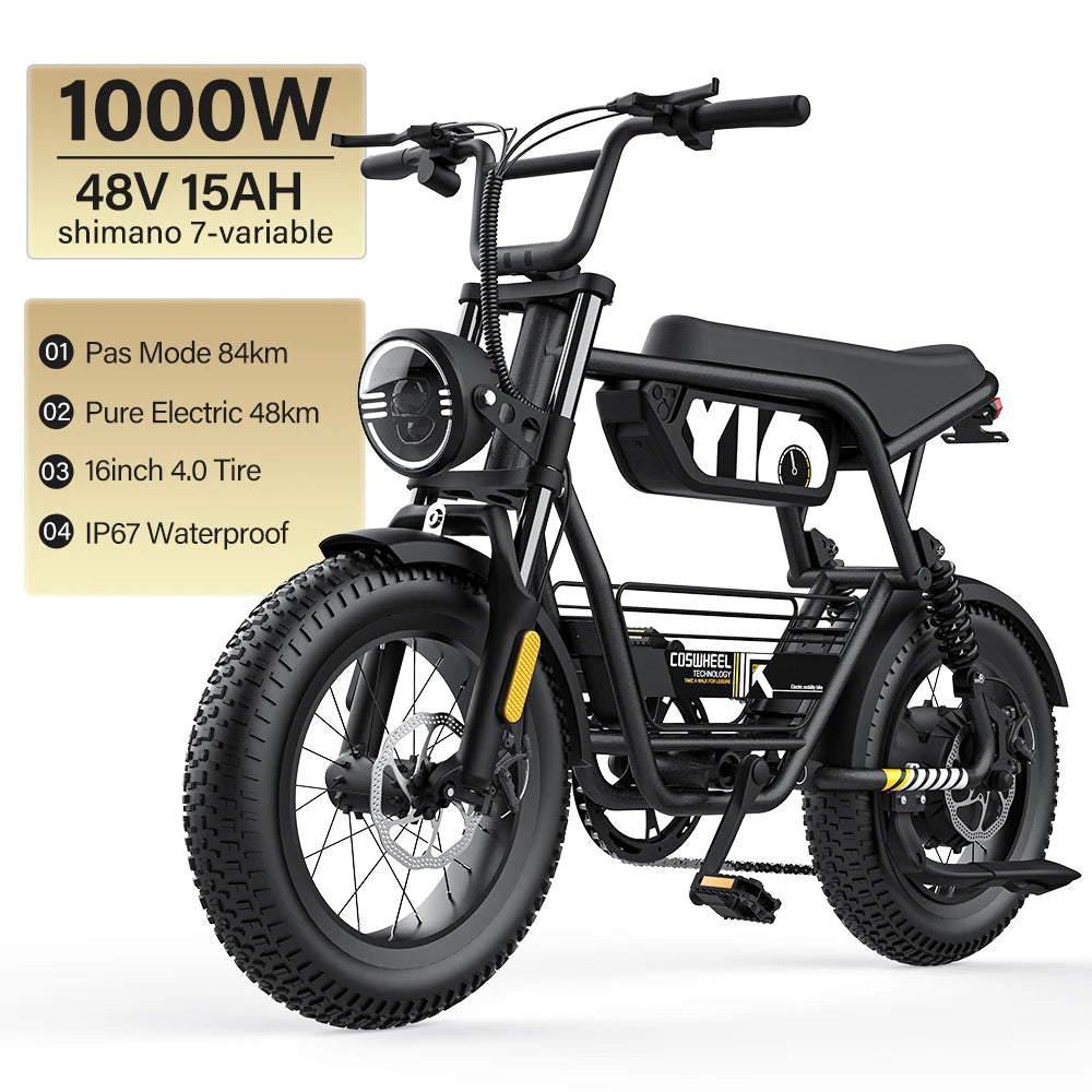 1Coswheel Electric Bike1000W 48V 15AH Commuting E bike Y16 Fat Tire E-Bike Mountain Electric Bike Adult Off-Road Electric bicycle